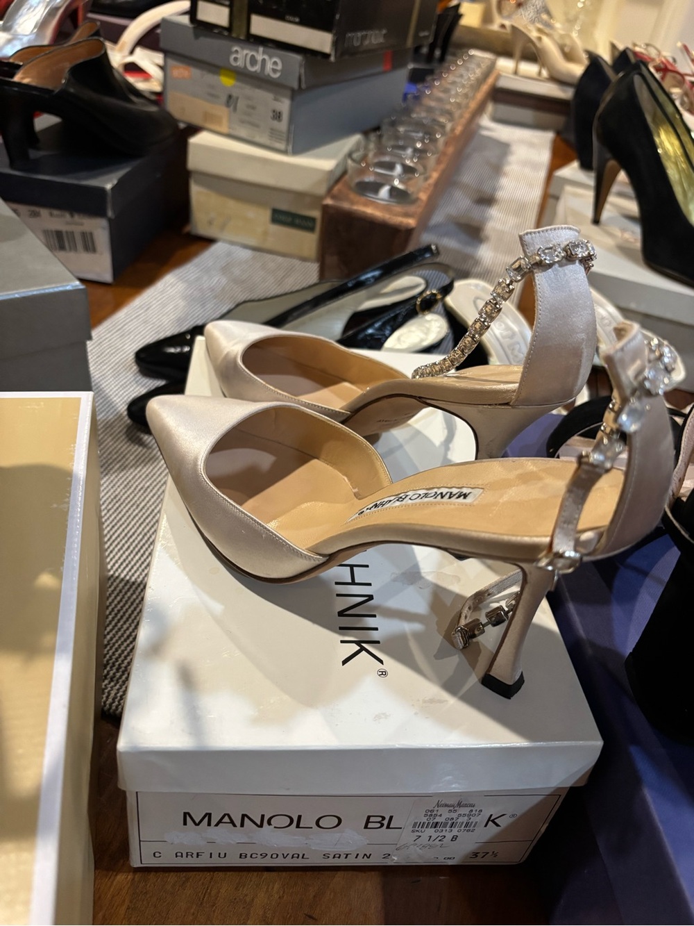 Manolo Blahnik Ivory Satin T-Strap Pointed Toe Heels with Crystal Anklet